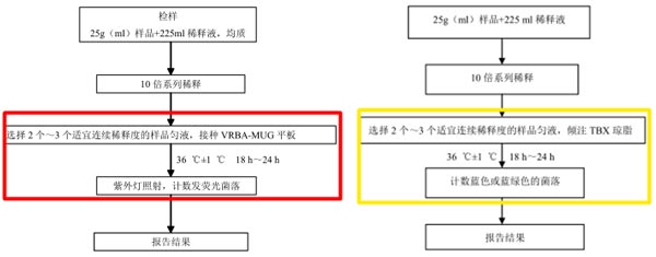 大肠埃希氏菌平板计数法检验程序（左：2012版   右：征求意见稿）